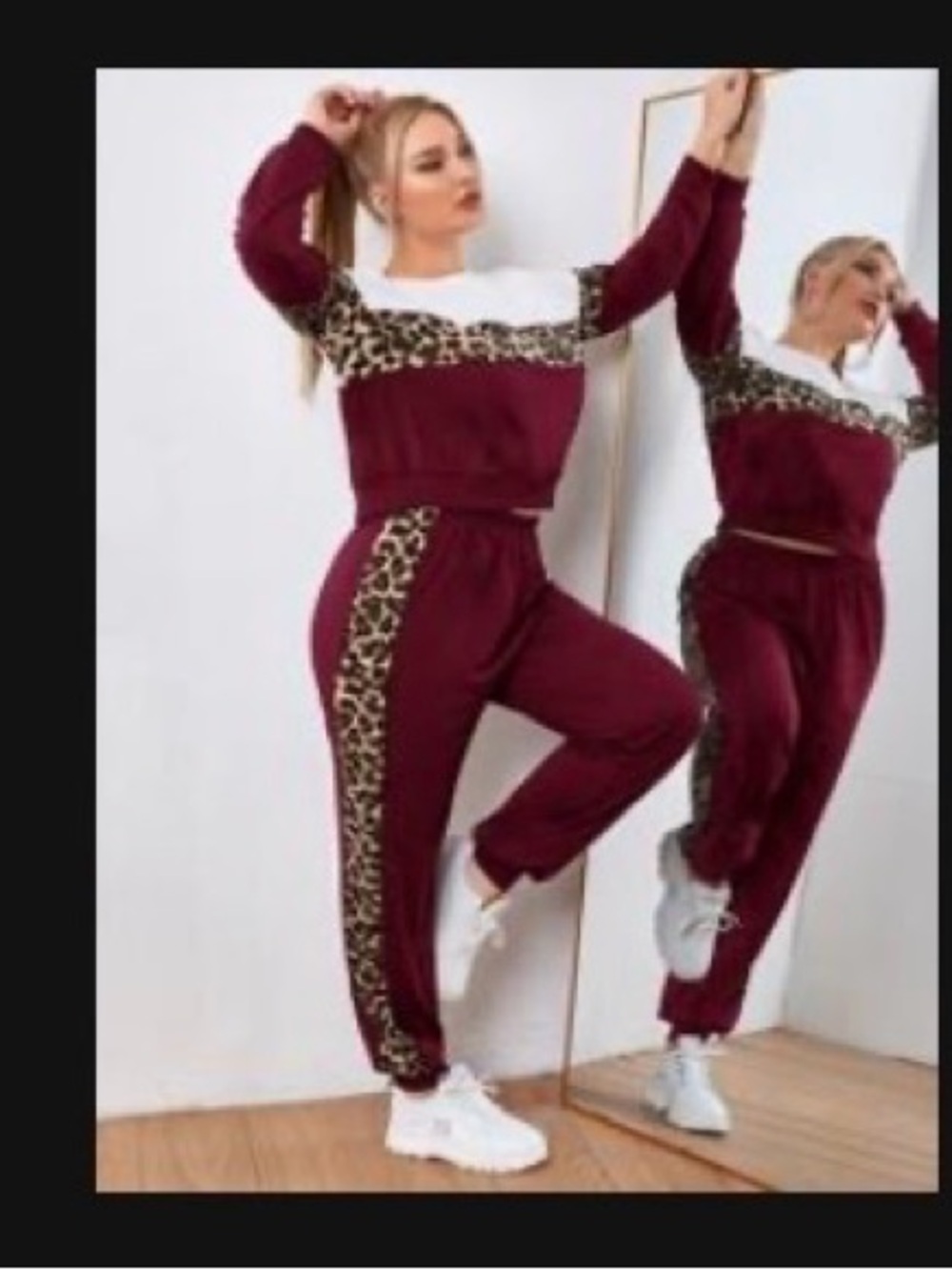 SHEIN Burgundy Leopard-Trim Track Joggers